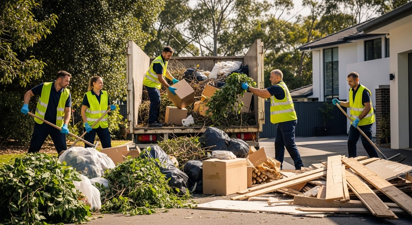 Team loading waste into truck for rubbish & waste removal Sydney