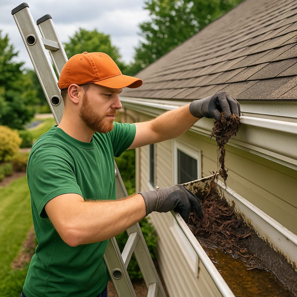 A man with green shirt and orange cap doing gutter cleaning
