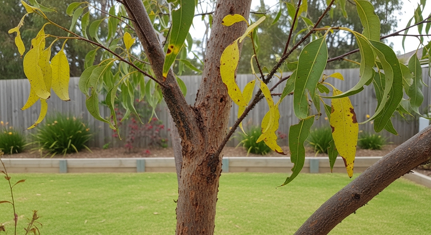 A backyard tree with vibrant yellow leaves, highlighting seasonal change and potential common tree pests in Sydney.