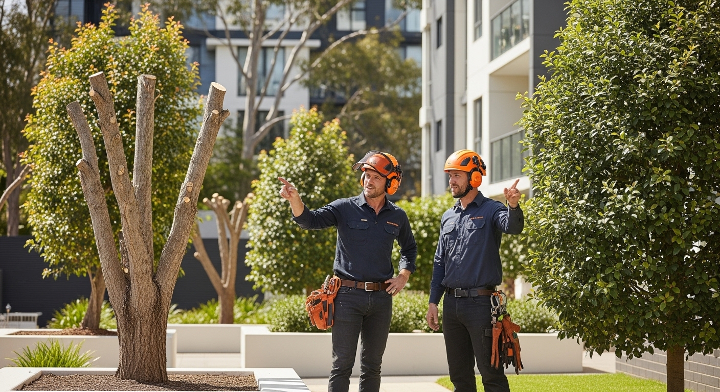 Two men in orange safety gear stand beside trees, showcasing Arborist Services in action.