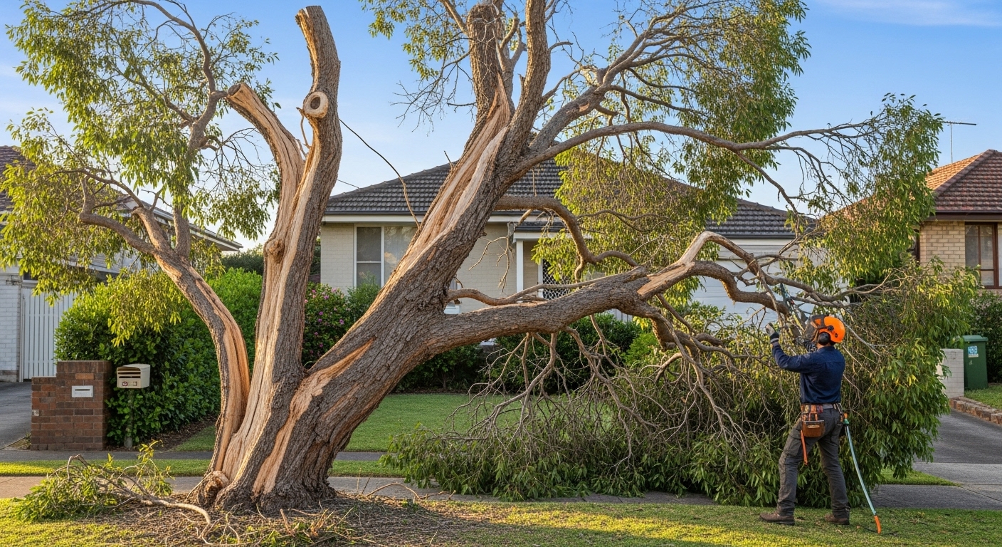 A tree removal expert cuts down a large tree in front of a house, showcasing the process of tree removal.