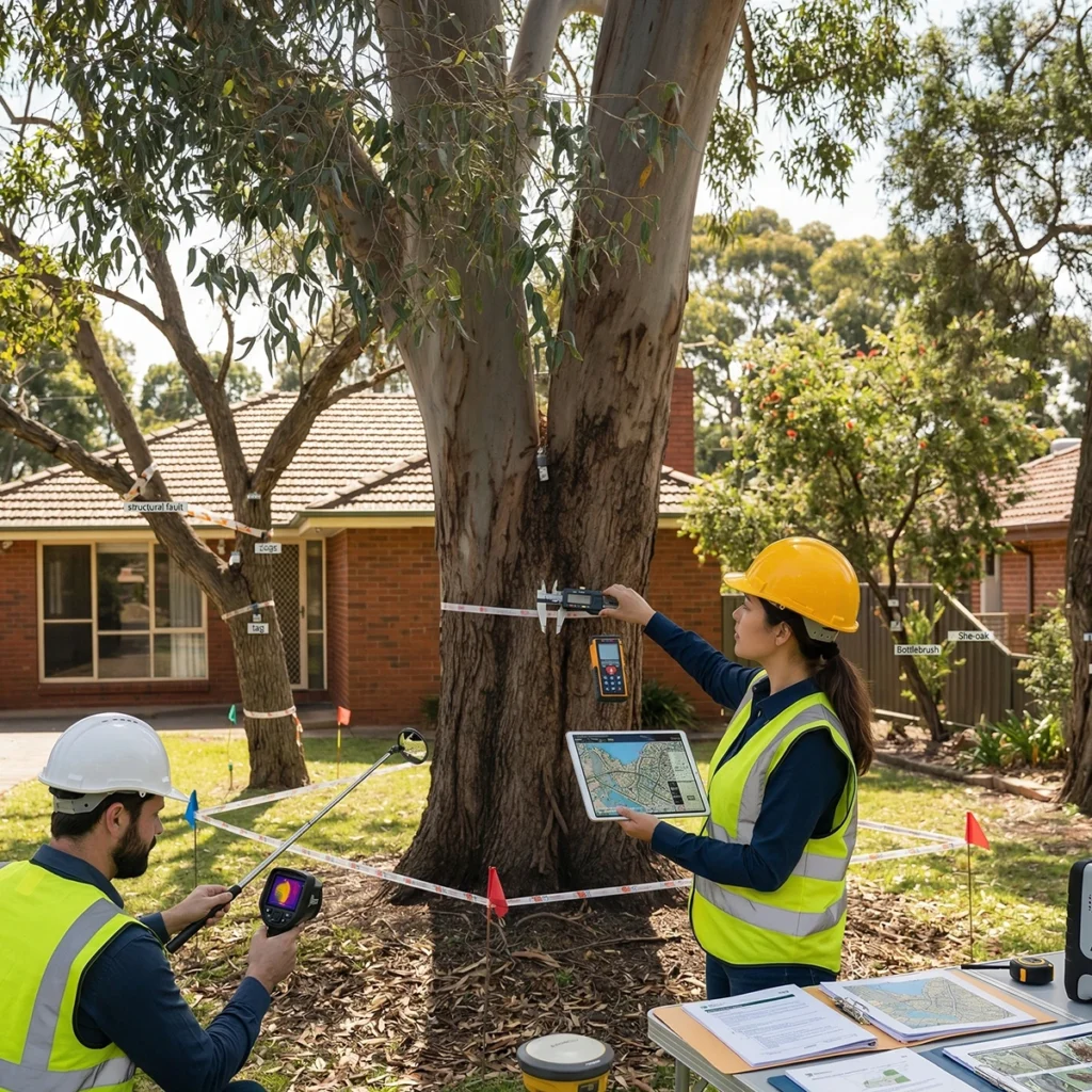 Two arborists conducting an in-depth tree health and risk assessment on a large eucalyptus tree, using thermal imaging, a caliper, and a data tablet in a suburban setting.