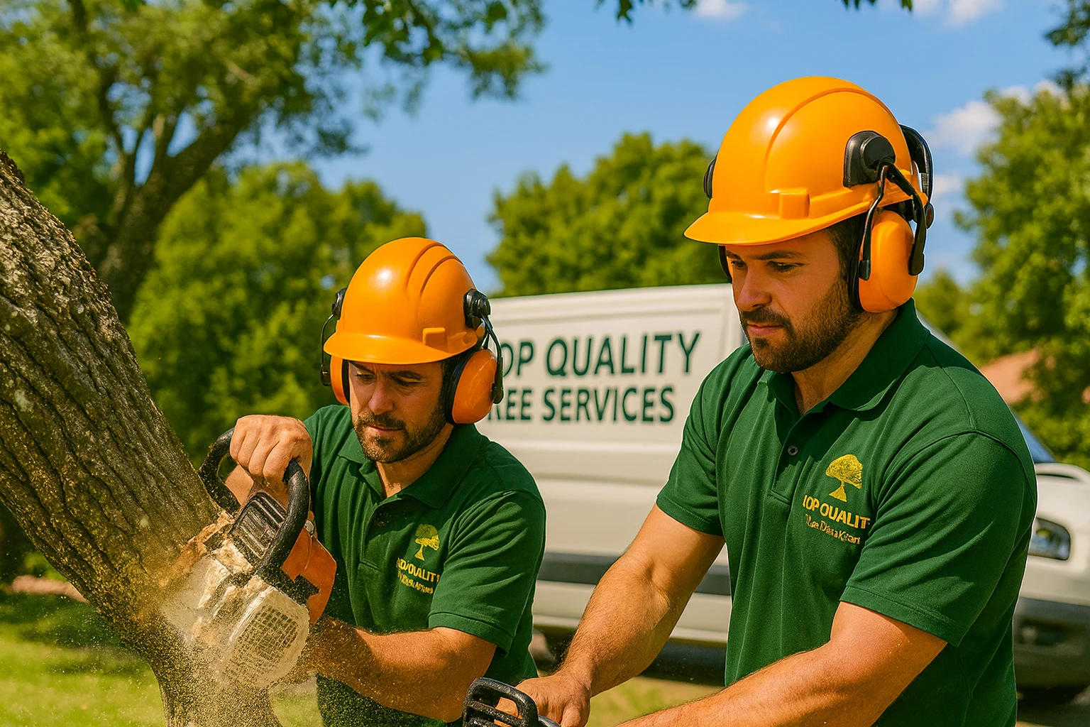 Top Quality Tree Services team removing a palm tree in Sydney with a branded van in the background.