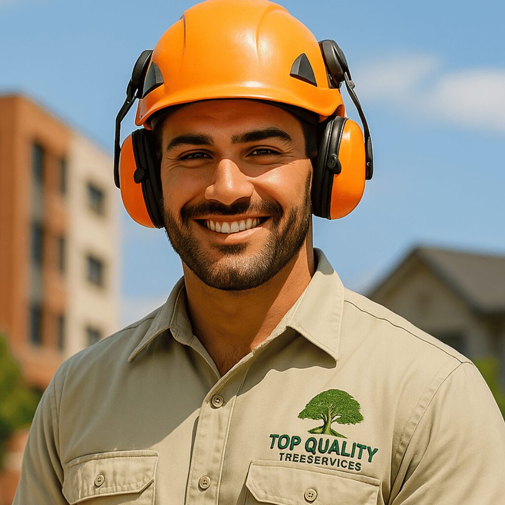 Professional arborist pruning a large tree in a Sydney backyard for storm preparation.