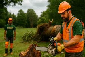 Arborist inspecting storm-damaged tree in Sydney backyard