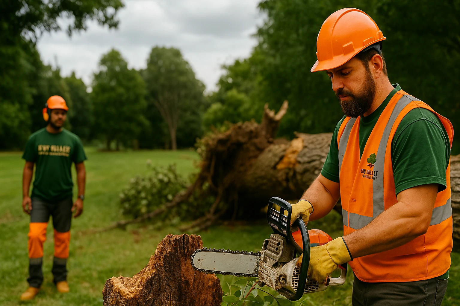 Arborist inspecting storm-damaged tree in Sydney backyard