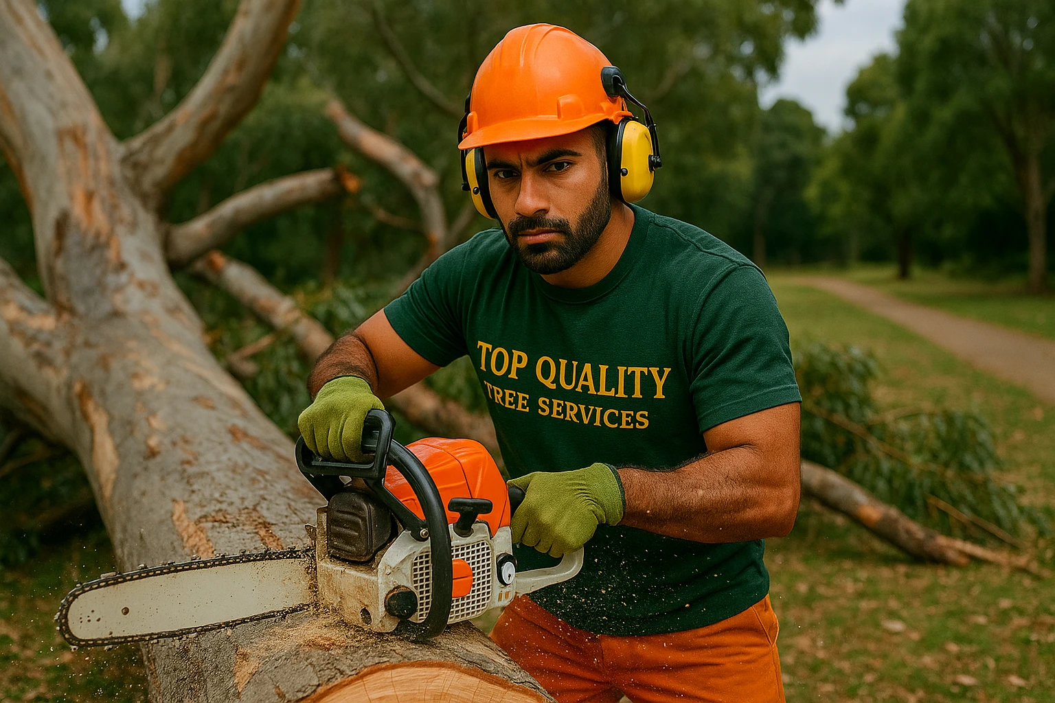 Arborist from Top Quality Tree Services performing emergency tree removal in Sydney after a storm using a chainsaw and full safety equipment