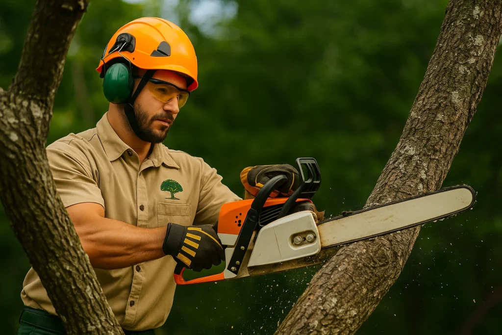Professional tree surgeon from Top Quality Tree Services pruning a large tree in Sydney backyard