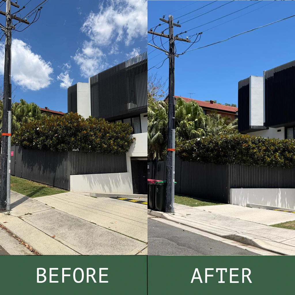A side-by-side comparison photo labeled "BEFORE" and "AFTER," showing a wooden utility pole outside a modern house. The "BEFORE" image shows multiple cluttered overhead service wires, while the "AFTER" image shows them replaced by a single, neat bundled cable.