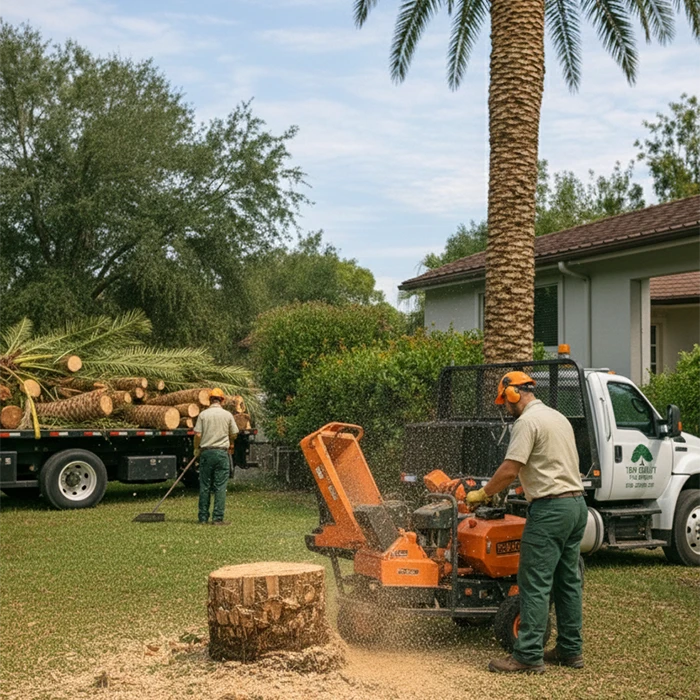 A man removing palm tree stump