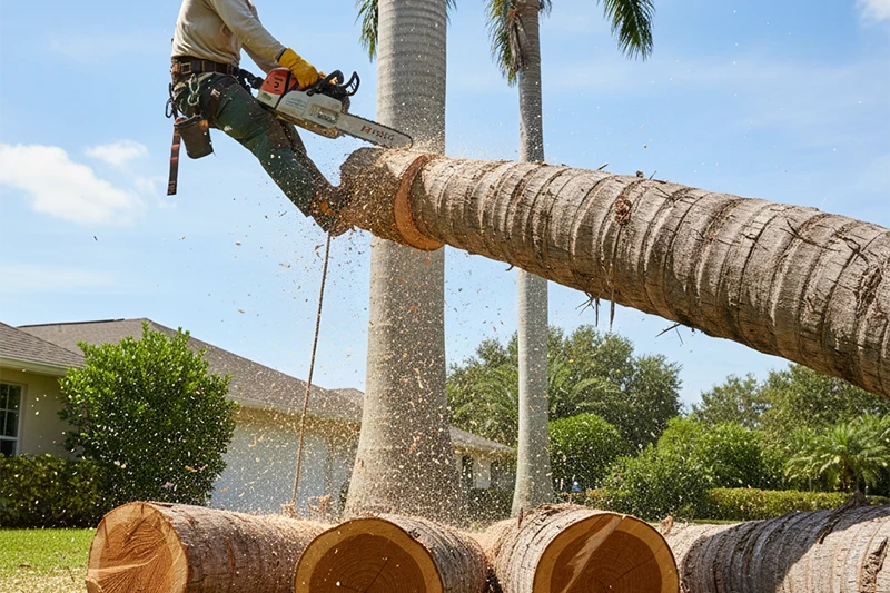 A man is chopping a palm tree