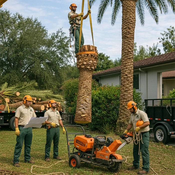 Several men removing palm tree together with machine