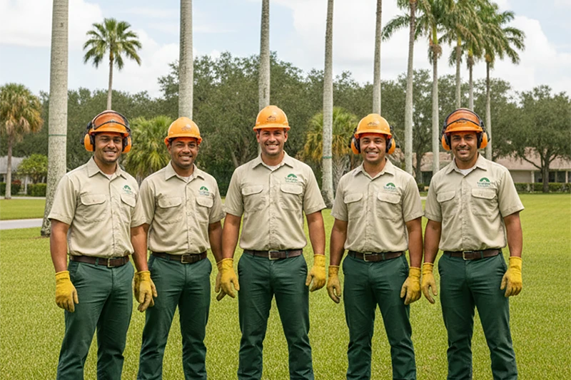 Top Quality Tree team standing with palm trees behind