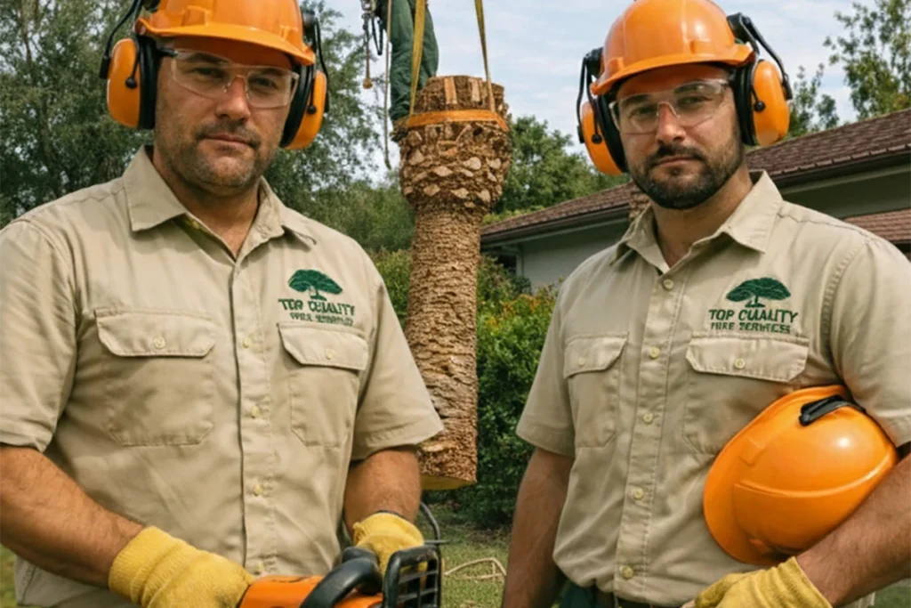 Two people standing in the front of palm tree being removed.