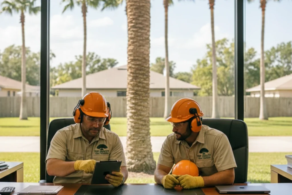 2 men discussing something on a black desk with palm trees behind them