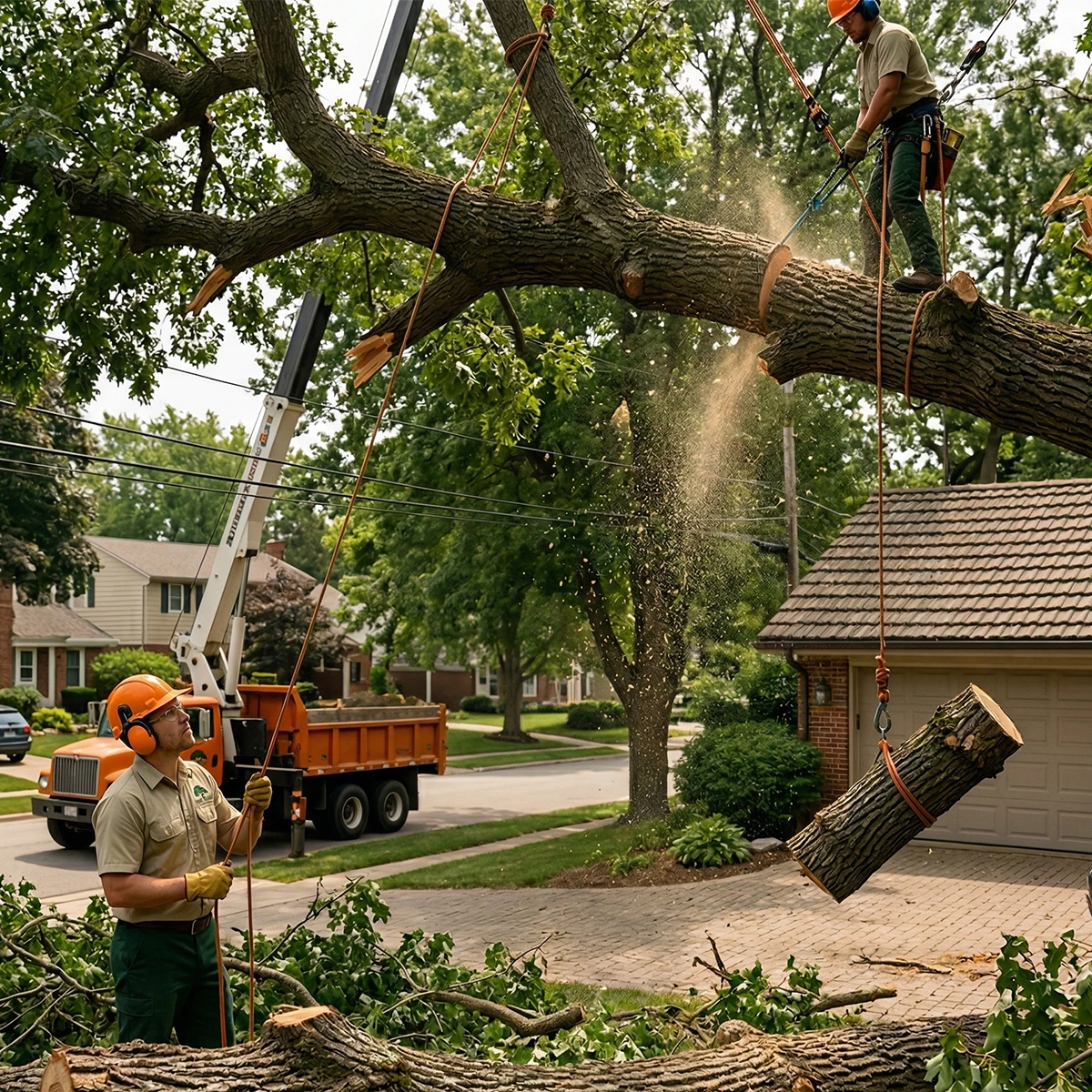 A professional tree care team performing a complex limb removal using ropes and a crane. One worker is high up in the tree cutting a branch while another manages a guide rope on the ground near an orange dump truck.