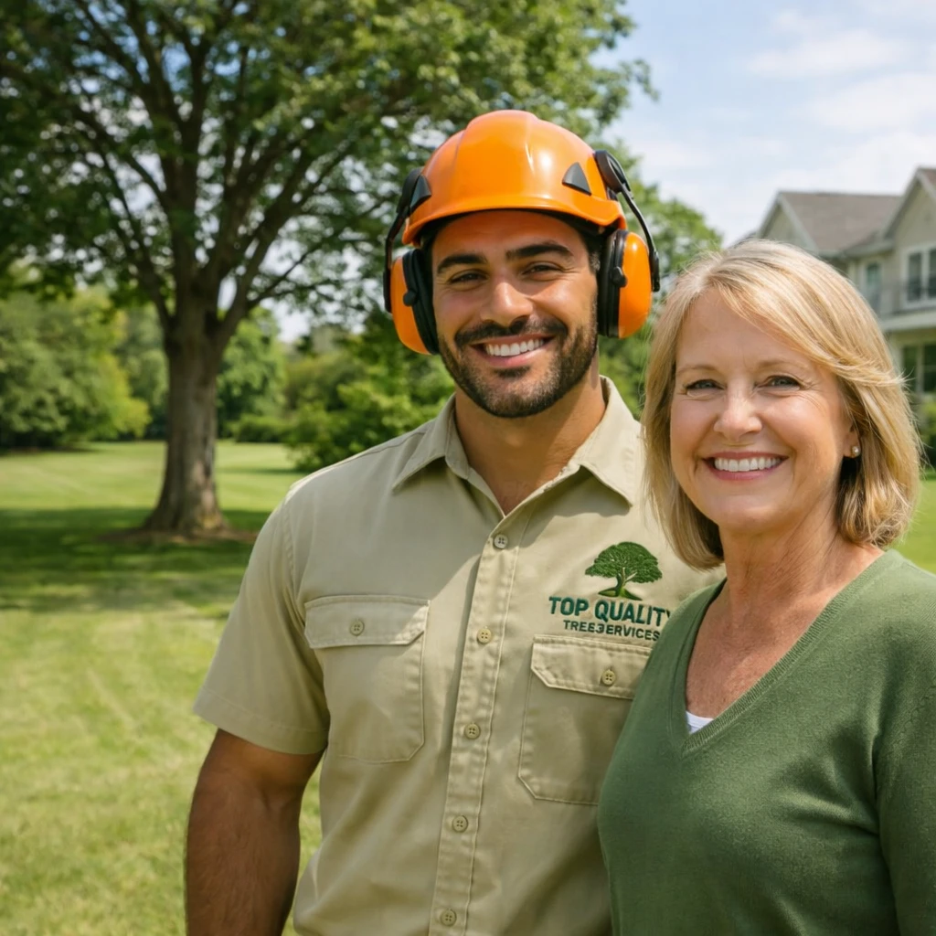 Arborist discussing tree removal with homeowner in Sydney backyard
