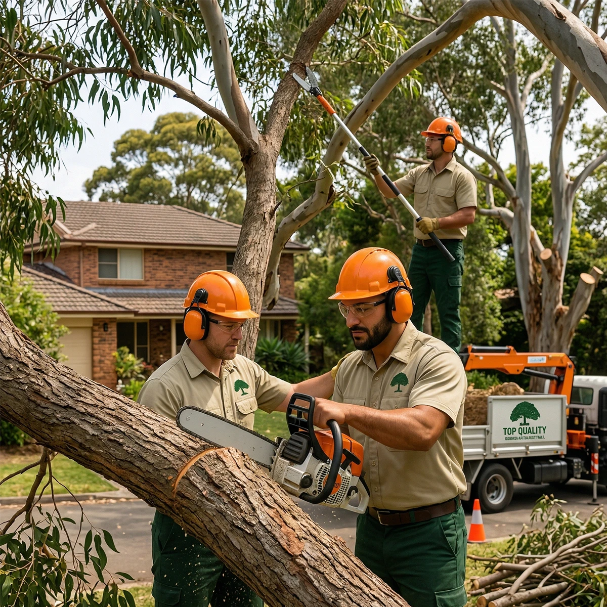 Three tree professional, wearing orange hard hats and safety gear, are pruning trees and using a chainsaw on a large branch near a residential home in a suburban street. A "Top Quality" service truck is in the background.