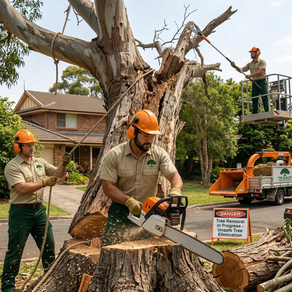 Three tree care workers wearing orange hard hats and safety gear remove a large, hazardous tree. One uses a chainsaw on the stump, another pulls a safety rope, and a third works from a cherry picker lift, while a 'Top Quality' wood chipper truck sits in the background near a suburban house.