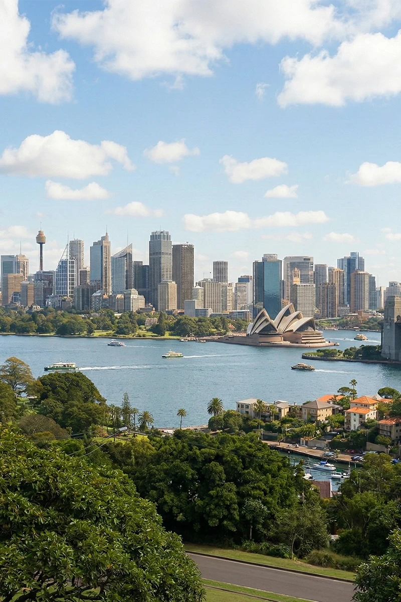 A panoramic elevated view of Sydney Harbour featuring the Sydney Opera House, the city skyline with Sydney Tower, and green trees in the foreground under a blue sky with white clouds.