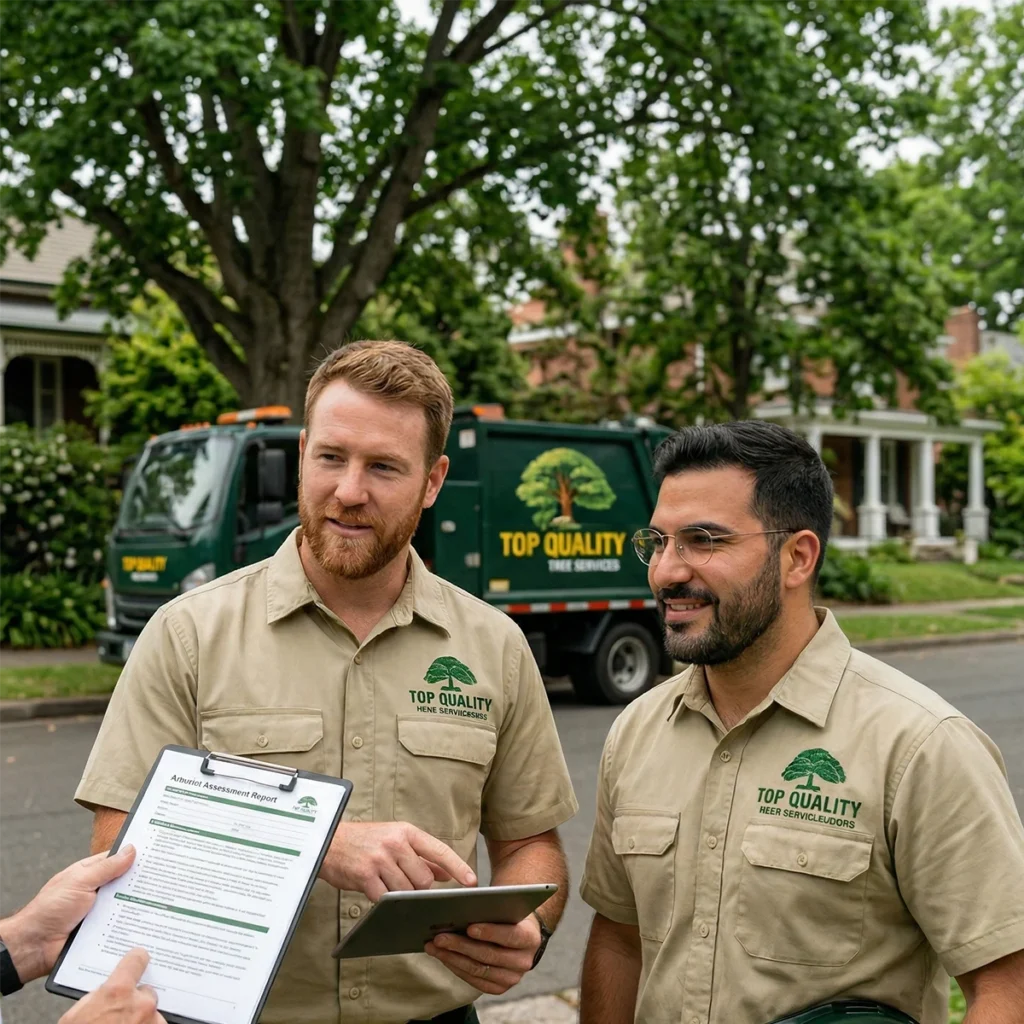 Two male arborists from Top Quality Tree Services in tan uniforms discussing a report on a clipboard and tablet with a client outdoors.