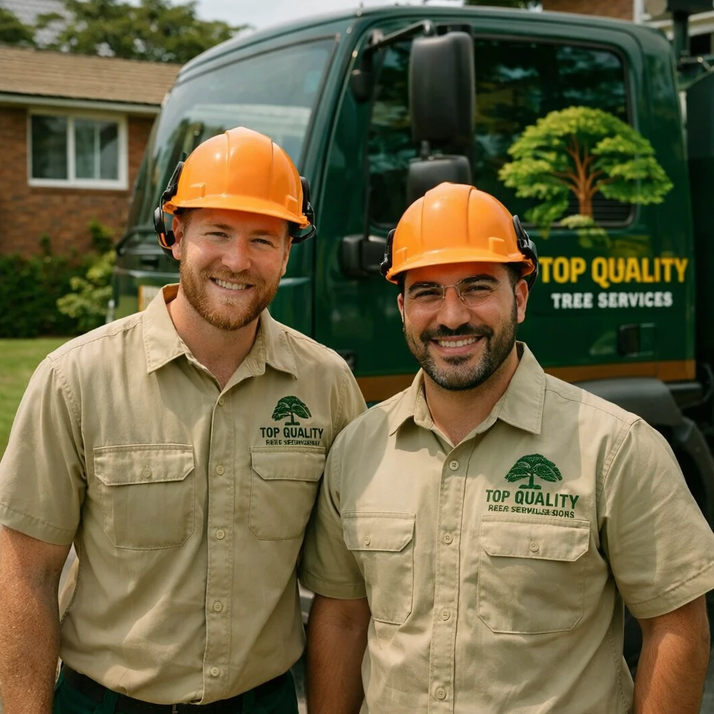Tree service team in uniform standing in front of branded truck at residential property in Sydney