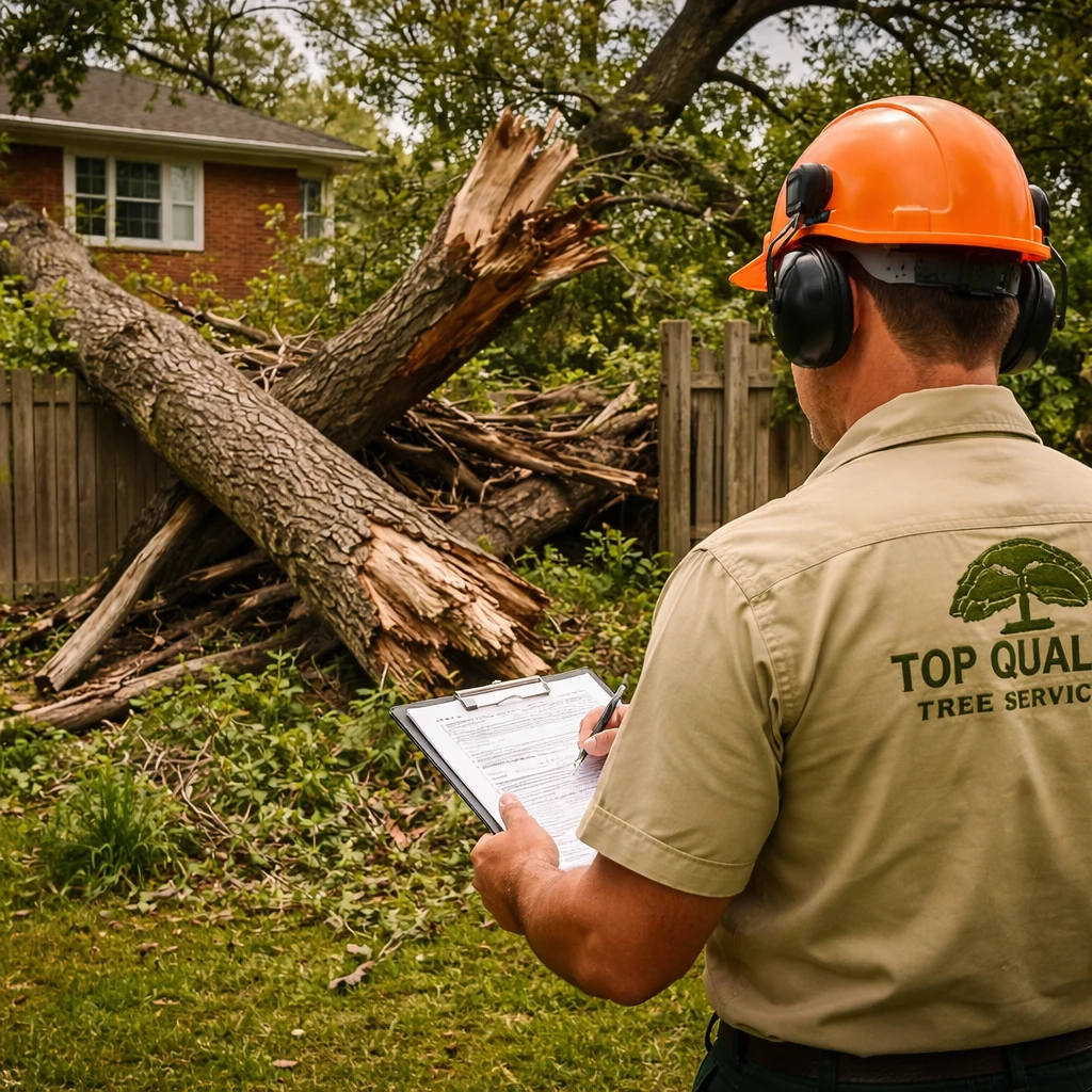Tree service worker inspecting fallen damaged tree in residential backyard Sydney