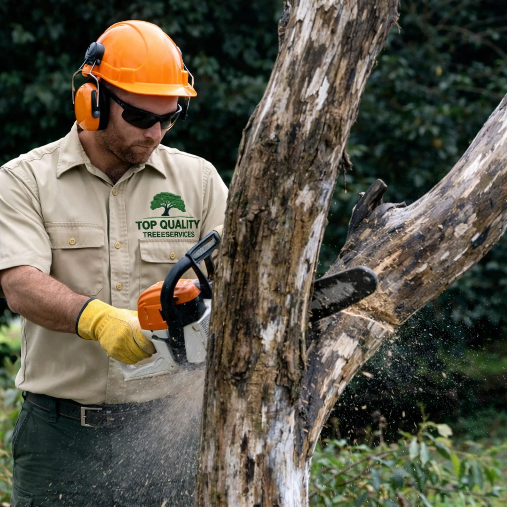 Tree removal professional cutting tree with chainsaw in Sydney