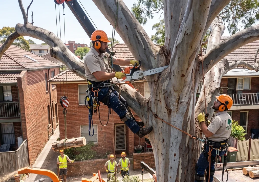 An arborist using a chainsaw to cut a large eucalyptus branch while a crane lowers a log and ground crew operate a wood chipper in a tight residential area.