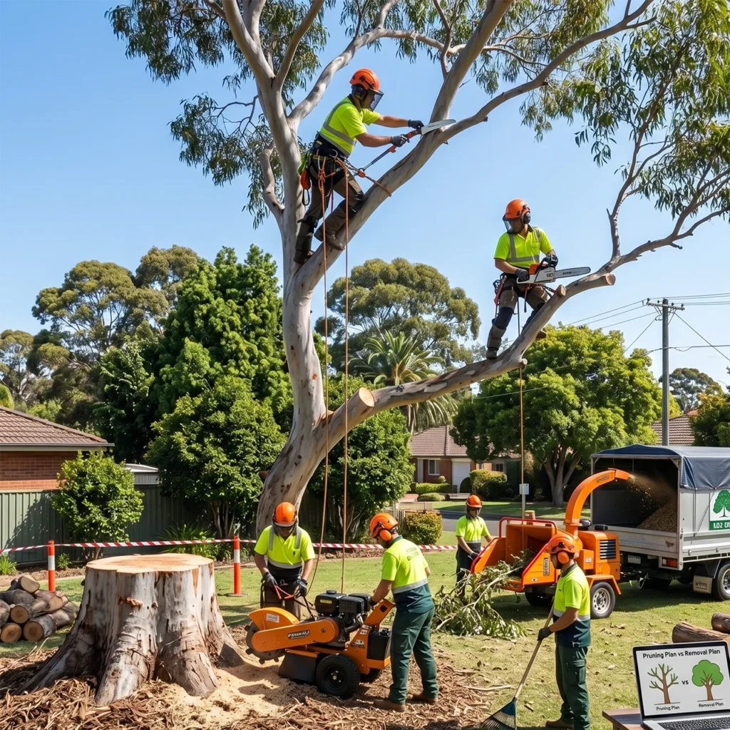 A team of arborists in high-visibility gear performing tree pruning with chainsaws, stump grinding, and wood chipping in a suburban park.