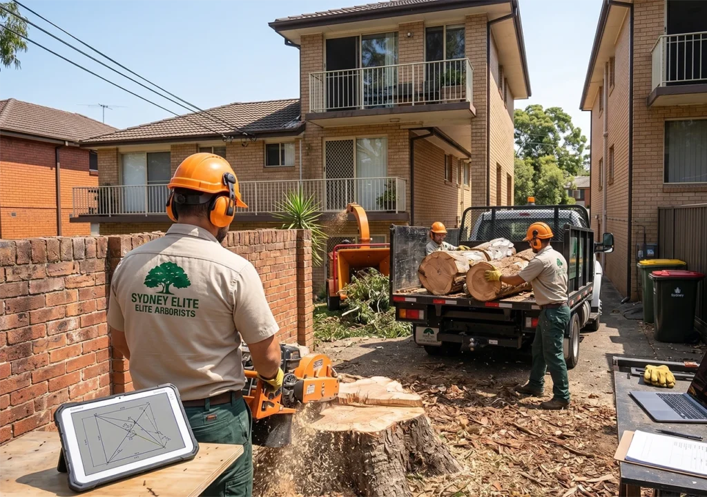 An arborist from Sydney Elite Arborists using a stump grinder on a large tree stump while colleagues load heavy logs onto a truck in a residential driveway.