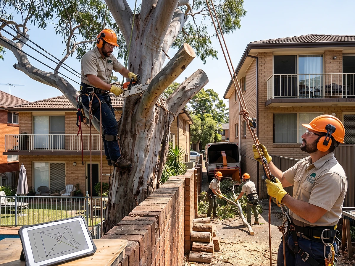 Two arborists in safety gear working on a large eucalyptus tree in a residential backyard, with one using a chainsaw while the other manages rigging ropes.