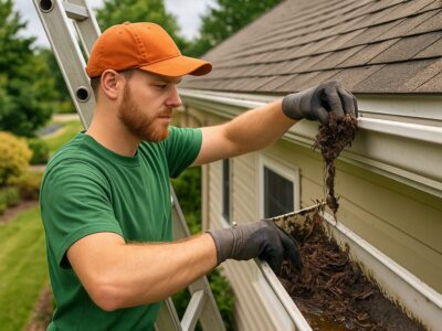A man doing gutter cleaning on a house