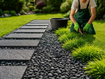 Person performing garden cleaning service Sydney, tidying up plants and leaves