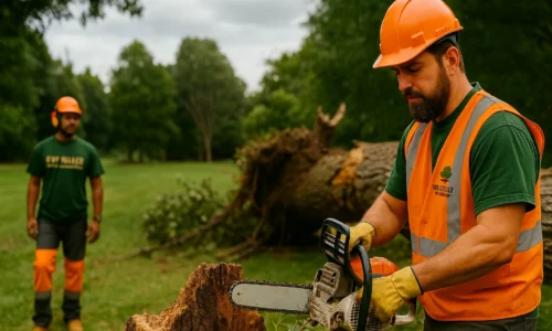 Arborist inspecting storm-damaged tree in Sydney backyard
