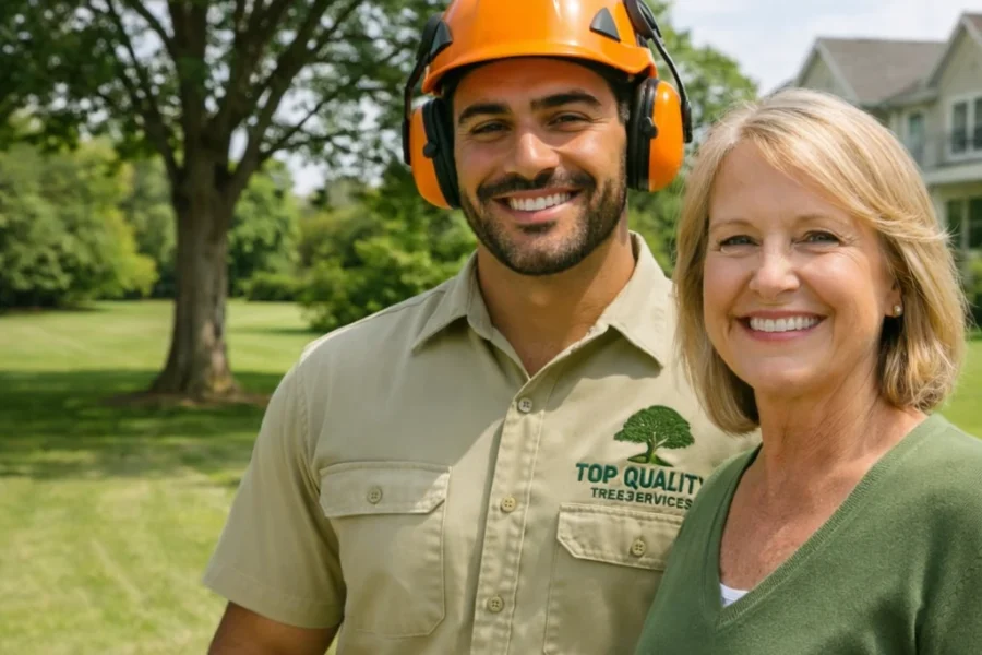 Arborist discussing tree removal with homeowner in Sydney backyard