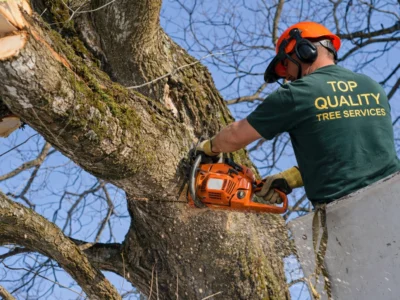 Arborist cutting large tree branch from elevated platform in Sydney