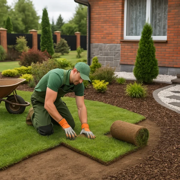 A male gardener in a green uniform and orange gloves kneels on a lawn, carefully laying down a fresh roll of sod (turf) in a suburban backyard.