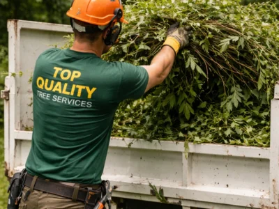 Arborist loading green waste and branches into truck in Sydney backyard