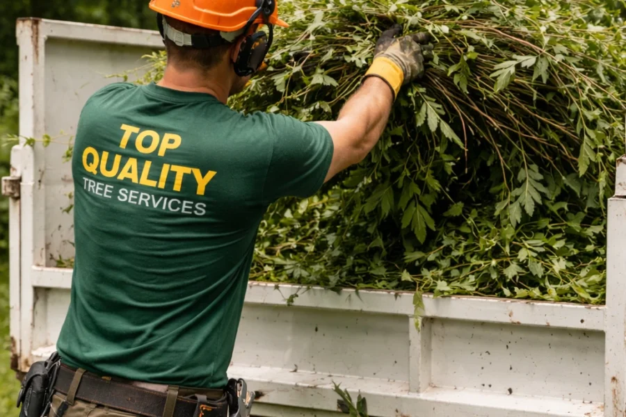 Arborist loading green waste and branches into truck in Sydney backyard