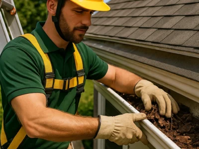 A man in a yellow hard hat and safety harness cleans leaves and debris from a roof gutter.