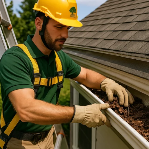 A man in a yellow hard hat and safety harness cleans leaves and debris from a roof gutter.