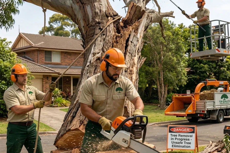 Three tree care workers wearing orange hard hats and safety gear remove a large, hazardous tree. One uses a chainsaw on the stump, another pulls a safety rope, and a third works from a cherry picker lift, while a 'Top Quality' wood chipper truck sits in the background near a suburban house.