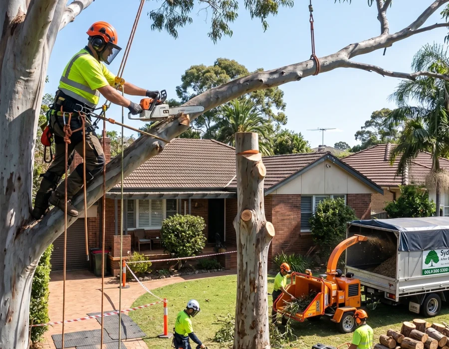 A high-angle photograph capturing a residential tree removal in progress by multiple arborists using professional equipment. One arborist, secured in a harness with a rope system, is actively cutting a suspended, large branch from a mature Eucalyptus tree with a chainsaw, while a crane sling supports the weight of the branch above.