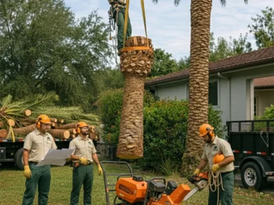 Several men removing palm tree together with machine