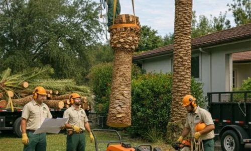 Several men removing palm tree together with machine