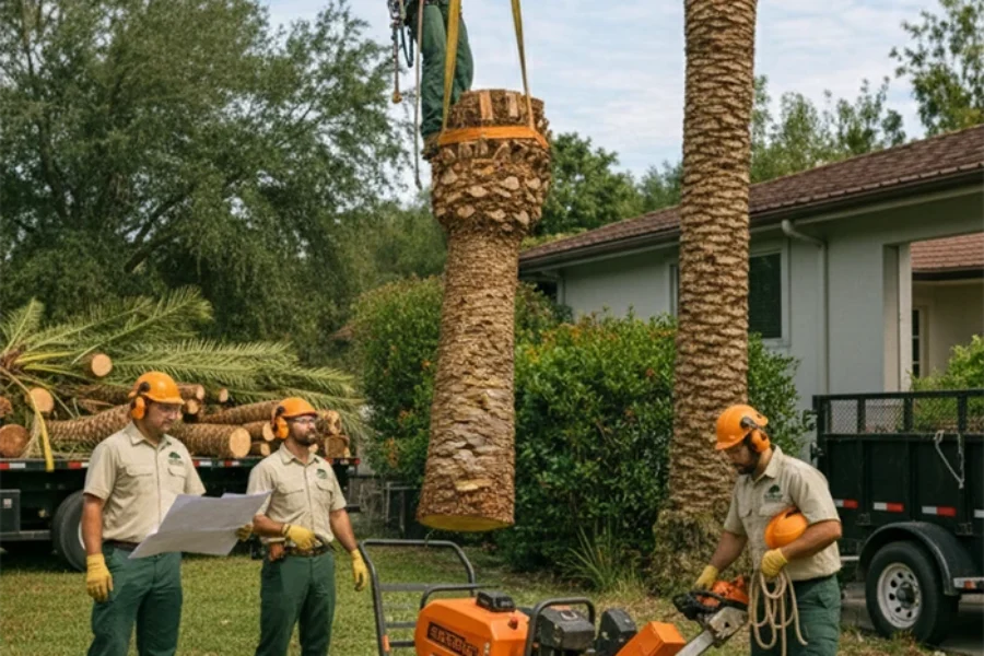 Several men removing palm tree together with machine
