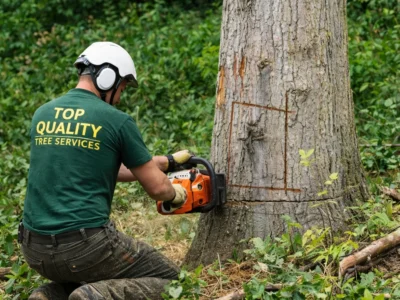 Tree removal worker cutting tree trunk with chainsaw in Sydney