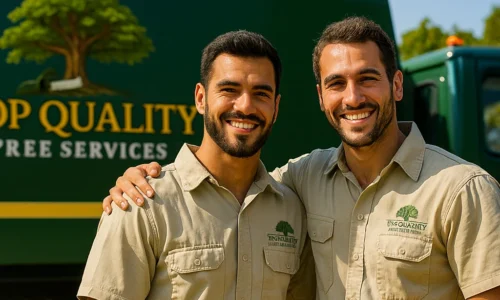 two professional arborists in Top Quality Tree Services uniforms smiling in front of the branded truck